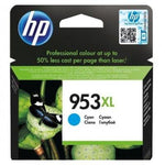 HP 953XL cyan ink cartridge in its retail packaging, featuring a black and green box with a butterfly graphic and a blue cyan color indicator.