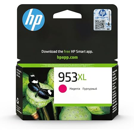 HP 953XL Magenta ink cartridge in its retail packaging, featuring a black and green box with a butterfly graphic and the HP logo.