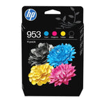 HP 953 ink cartridge packaging with colorful flowers on a black background