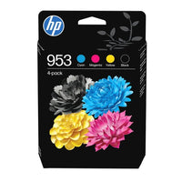 HP 953 ink cartridge packaging with colorful flowers on a black background
