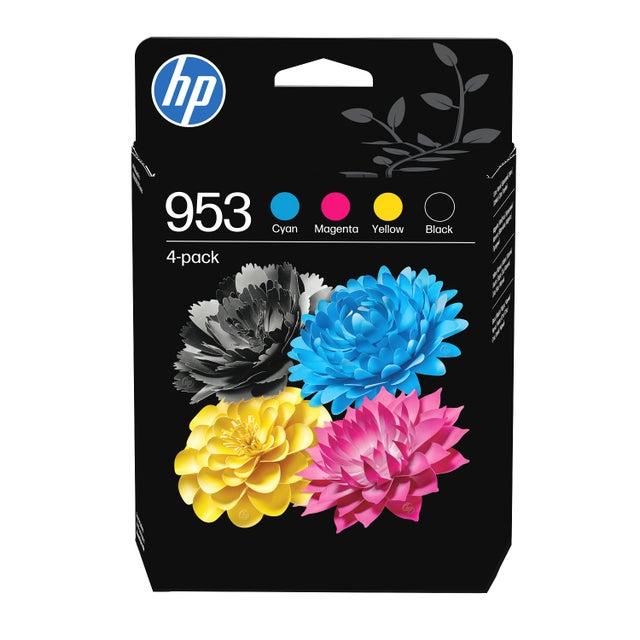 HP 953 ink cartridge packaging with colorful flowers on a black background