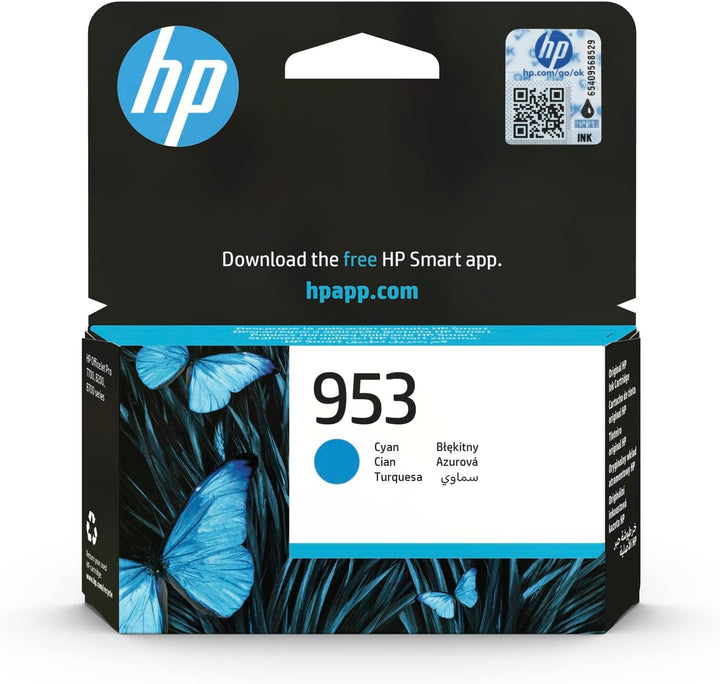 HP 953 cyan ink cartridge packaging with butterfly design on a white background