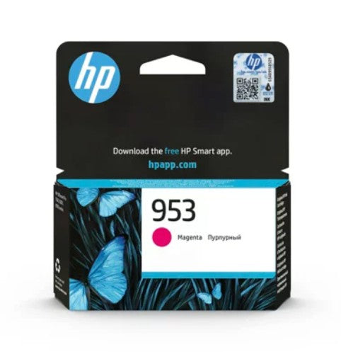 HP 953 Cyan ink cartridge box with a black and white design, blue HP logo, butterfly artwork, and a cyan color circle on the front.