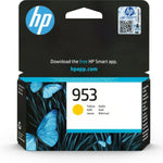 HP 953 Yellow Original Ink Cartridge in its retail packaging, featuring a black and blue top card and a lower box with blue butterflies on a black background.
