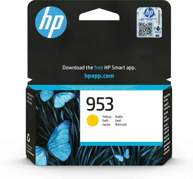 HP 953 Yellow Original Ink Cartridge in its retail packaging, featuring a black and blue top card and a lower box with blue butterflies on a black background.