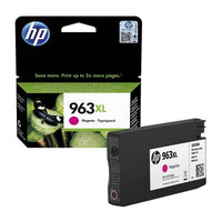 HP 963XL Magenta ink cartridge shown in front of its retail packaging on a plain white background.