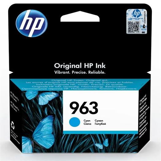 HP 963 Cyan Original HP Ink cartridge in its retail packaging, featuring a black and blue design with butterfly graphics.