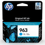 HP 963 Cyan Original HP Ink cartridge in its retail packaging, featuring a black and blue design with butterfly graphics.