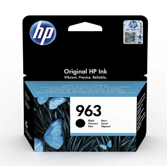 HP 963 Original HP Ink cartridge box in black, shown on a clean white background. The packaging features the blue HP logo, a QR code, and a butterfly graphic on the lower section.