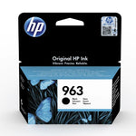 HP 963 Original HP Ink cartridge box in black, shown on a clean white background. The packaging features the blue HP logo, a QR code, and a butterfly graphic on the lower section.