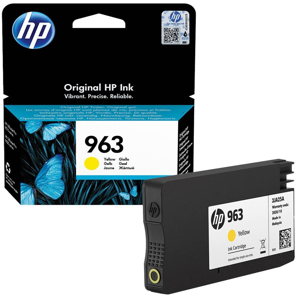 HP 963 yellow ink cartridge packaging with a close-up of the cartridge.