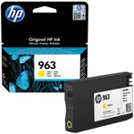 HP 963 yellow ink cartridge packaging with a close-up of the cartridge.