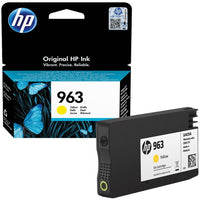 HP 963 yellow ink cartridge packaging with a close-up of the cartridge.
