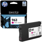 HP 963 magenta ink cartridge with packaging on a white background