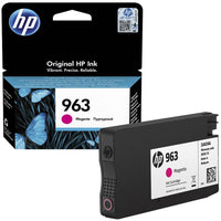 HP 963 magenta ink cartridge with packaging on a white background