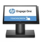 HP Engage One touchscreen display terminal on a black stand, shown against a plain white background.