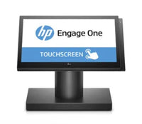 HP Engage One touchscreen display terminal on a black stand, shown against a plain white background.