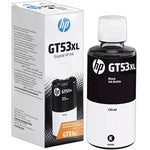 HP GT53XL Original HP Ink Black Bottle 135 ml next to its retail packaging box, featuring a black and white design with the HP logo.