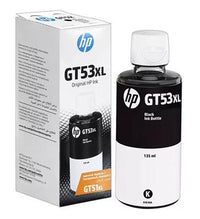 HP GT53XL Original HP Ink Black Bottle 135 ml next to its retail packaging box, featuring a black and white design with the HP logo.