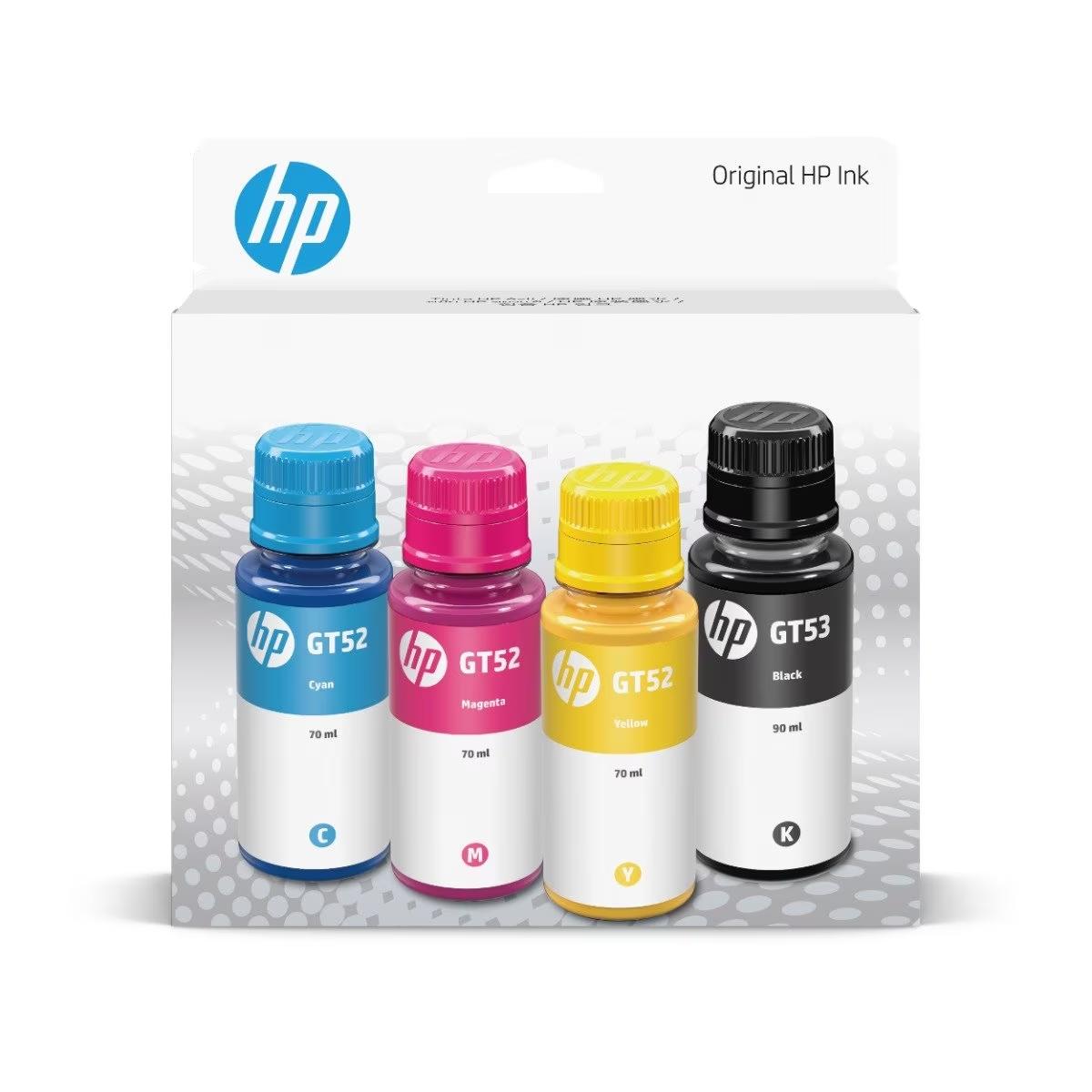 Set of HP ink bottles in different colors with packaging on a white background