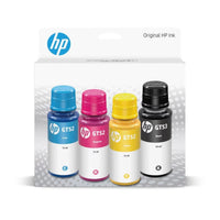 Set of HP ink bottles in different colors with packaging on a white background