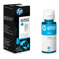HP GT52 cyan ink bottle and packaging on a white background