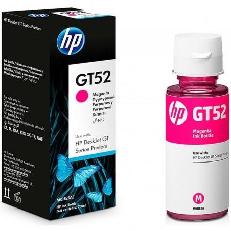 HP GT52 magenta ink bottle next to its retail box, designed for HP DeskJet GT series printers. The bottle has a white cap and a white and pink label, and the box is black with blue butterfly graphics and a pink GT52 label.