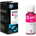 HP GT52 magenta ink bottle next to its retail box, designed for HP DeskJet GT series printers. The bottle has a white cap and a white and pink label, and the box is black with blue butterfly graphics and a pink GT52 label.