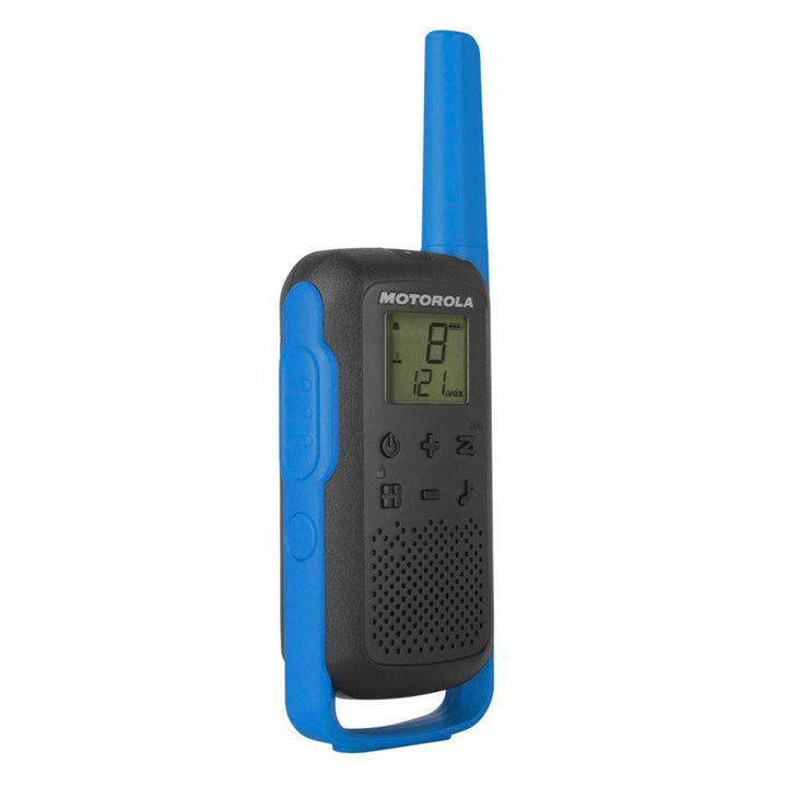 A Motorola walkie-talkie with a black body and bright blue accents, including the antenna and handle grip, shown against a plain white background.