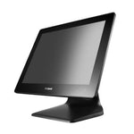 A POS BANK desktop touchscreen kiosk computer with a black bezel and stand, shown at an angle on a white background.