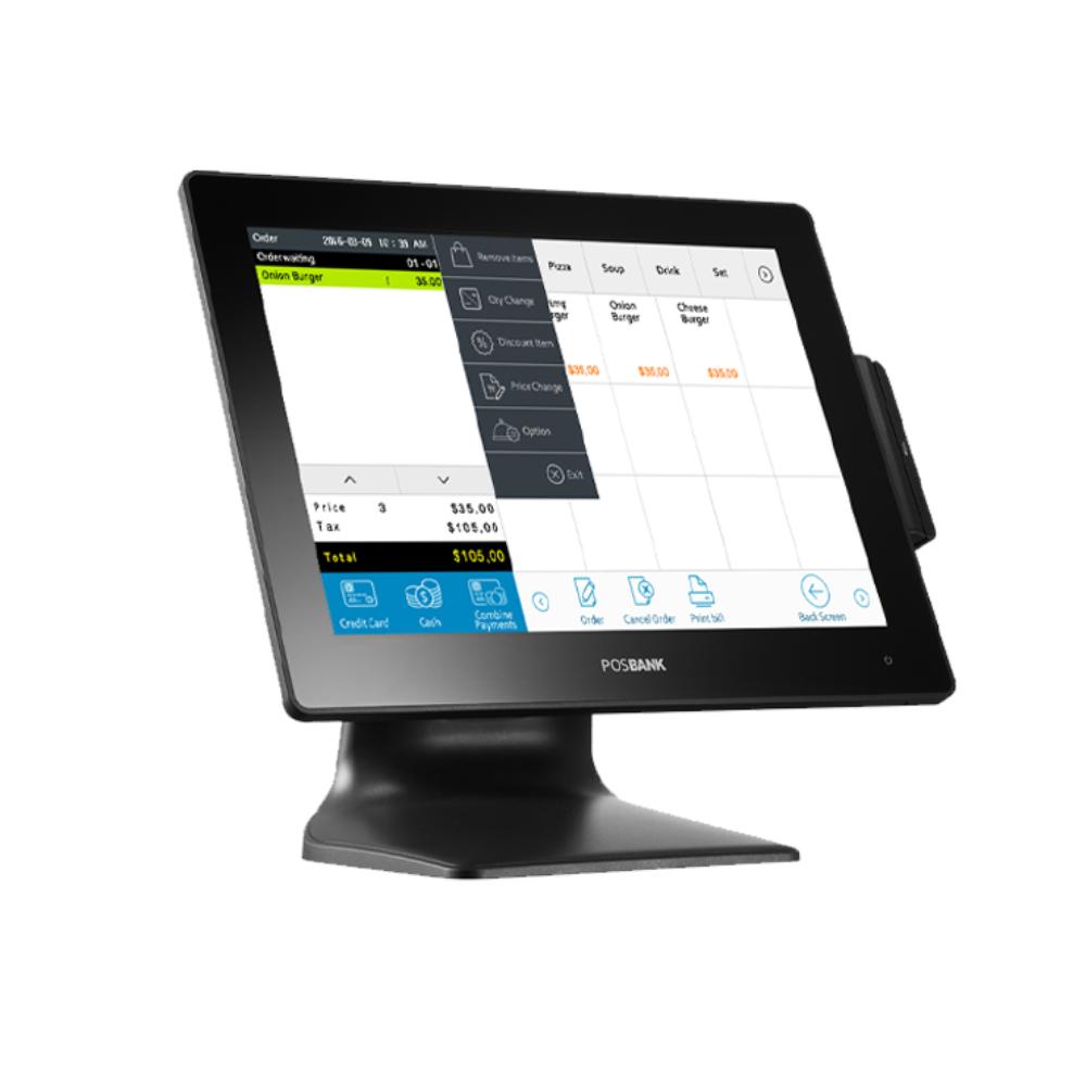 A POS BANK desktop touchscreen kiosk computer with a black bezel and stand, shown at an angle on a white background.