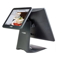 POS Bank touchscreen payment terminal with a tilted front display showing a menu and a second angled rear/display panel behind it, on a white background.