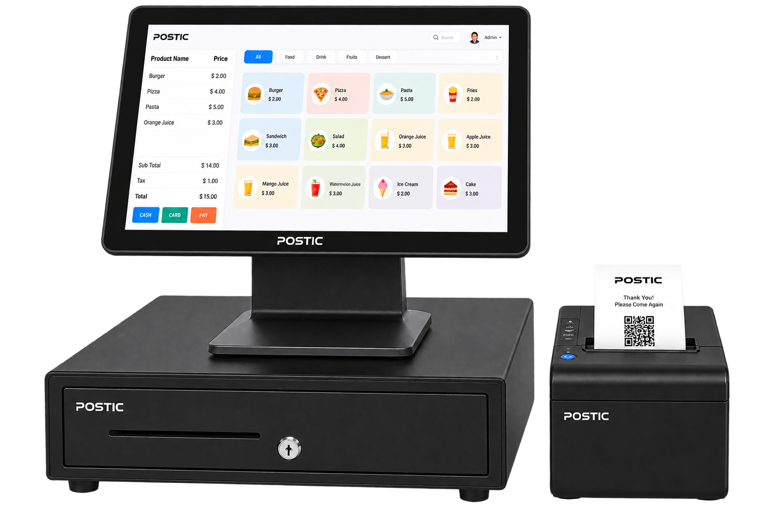 POSTIC POS Machine Bundle POSTICN5095 (Celeron, 4GB, 128GB SSD) + Cash Drawer + Receipt Printer