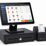 POS terminal system with a black cash register base, touchscreen display showing a restaurant menu, and a separate receipt printer on a white background.