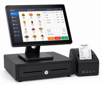 POS terminal system with a black cash register base, touchscreen display showing a restaurant menu, and a separate receipt printer on a white background.