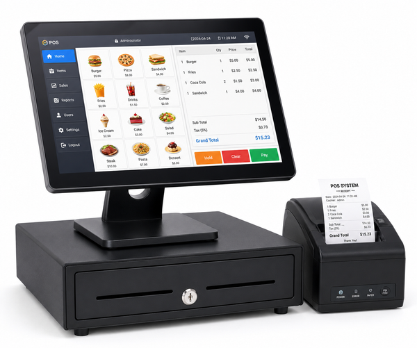POS terminal system with a black cash register base, touchscreen display showing a restaurant menu, and a separate receipt printer on a white background.