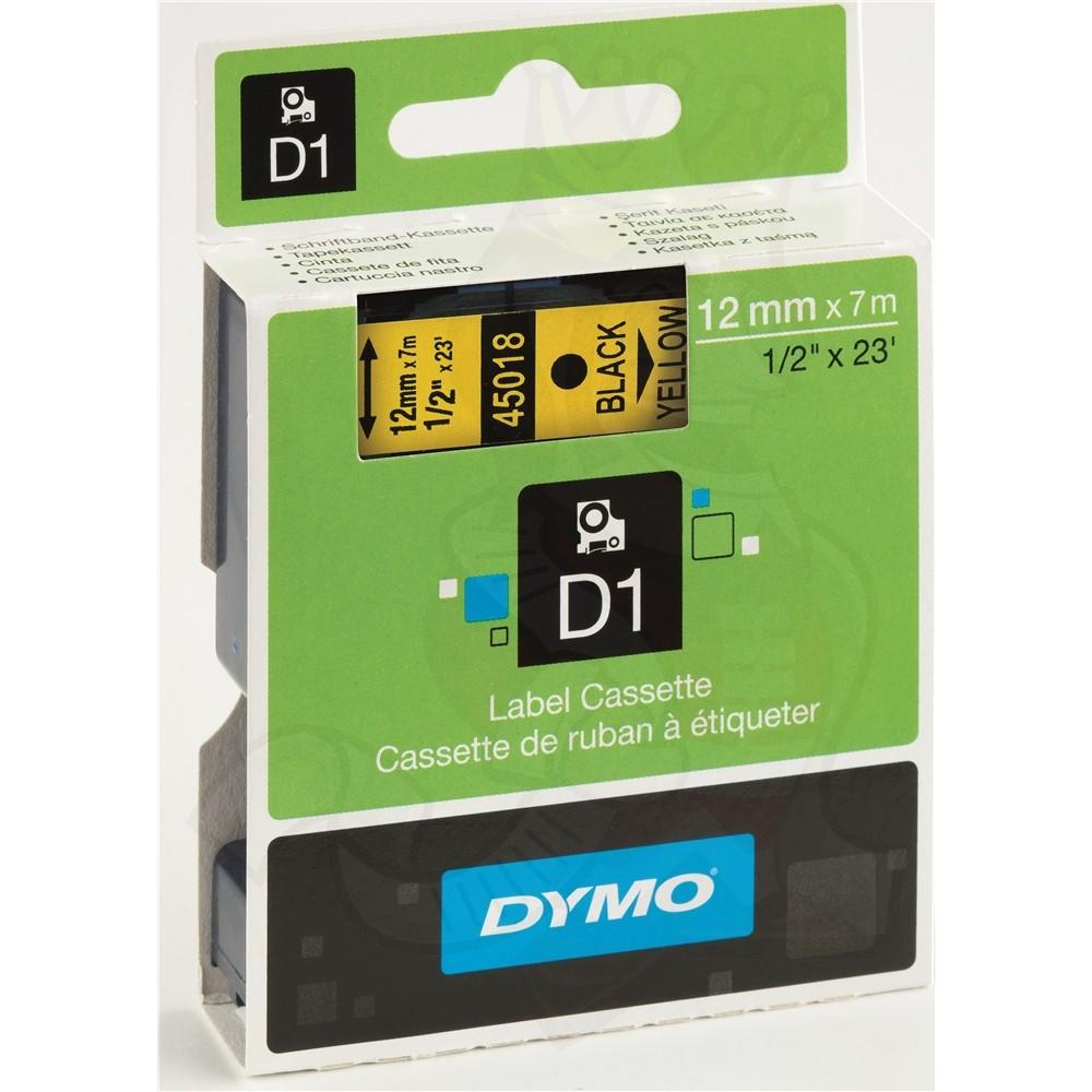 Pack of 5 Dymo 45018 D1 Label Tape – 12mm x 7m, Black on Yellow | For Dymo Label Printers