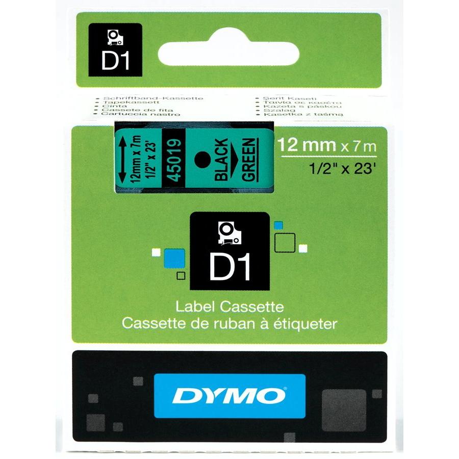 Pack of 5 Dymo 45019 D1 Label Tape – 12mm x 7m, Black on Green | For Dymo Label Printers