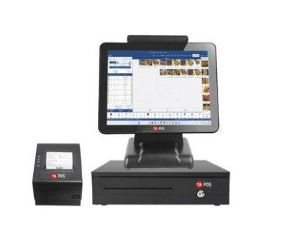 A black POS terminal set consisting of a main touchscreen register, a smaller receipt printer, and a cash drawer unit on a plain white background.