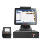 A black POS terminal set consisting of a main touchscreen register, a smaller receipt printer, and a cash drawer unit on a plain white background.