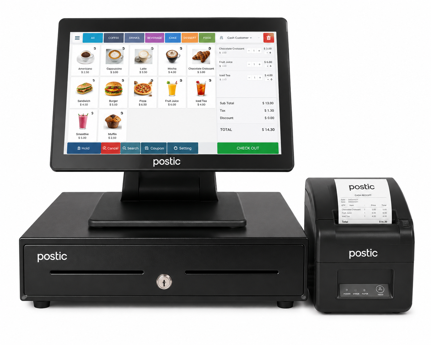 POSTIC POS terminal system with a black touchscreen display, cash drawer, and a separate black receipt printer on a white background.