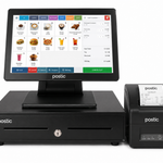 POSTIC POS terminal system with a black touchscreen display, cash drawer, and a separate black receipt printer on a white background.