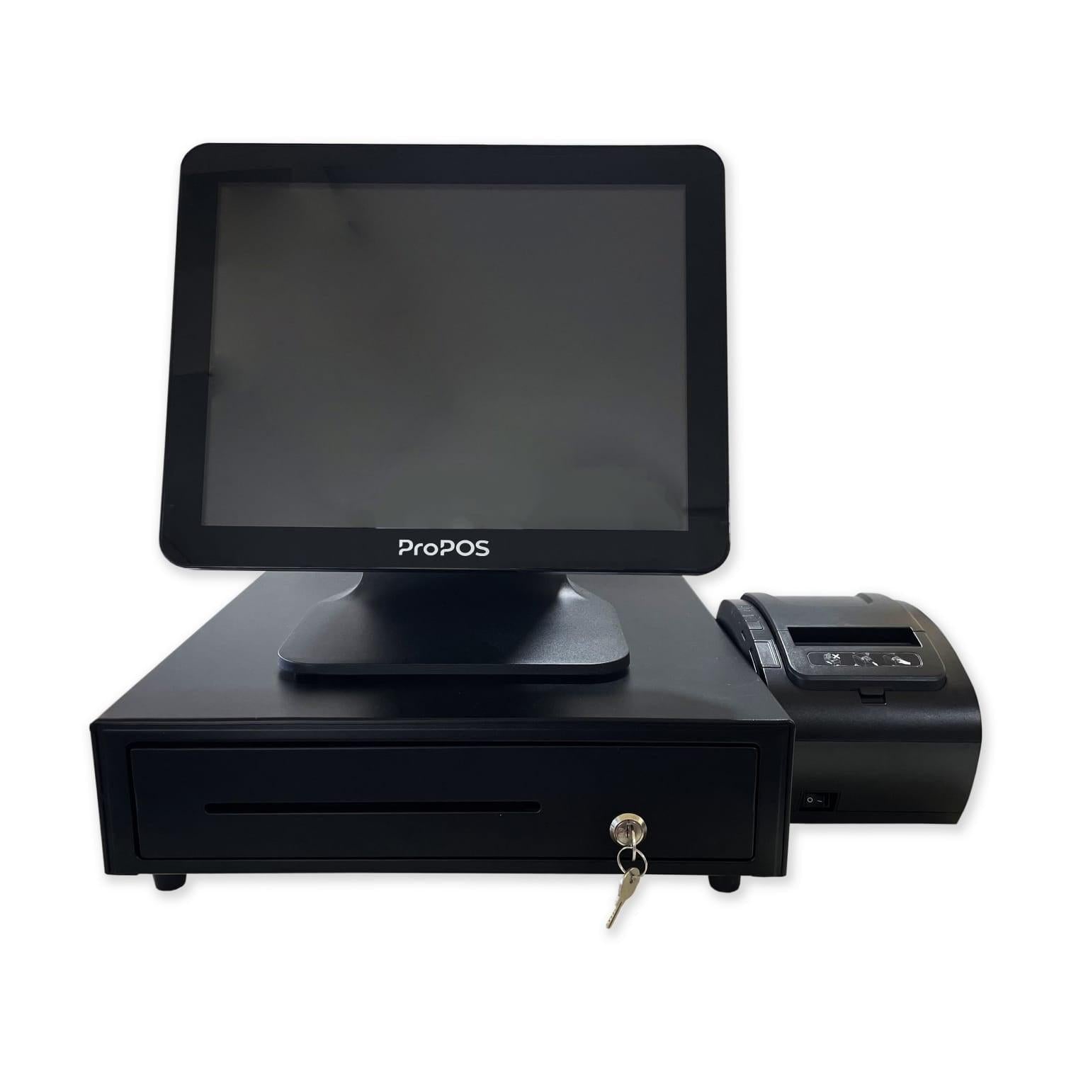 A black ProPOS cash register system with a built-in touchscreen monitor, drawer, key, and a separate receipt printer, shown on a plain white background.