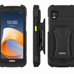 A rugged black protective smartphone case shown from three angles: front, side, and back. The front view shows a Zebra smartphone inside the case with the screen on.