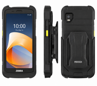 A rugged black protective smartphone case shown from three angles: front, side, and back. The front view shows a Zebra smartphone inside the case with the screen on.