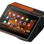 A modern handheld medical or diagnostic device with a large touchscreen display, black body, and orange accent trim, shown on a plain white background.