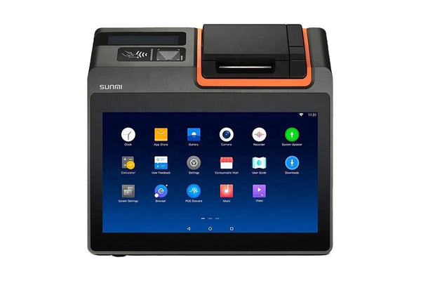A modern handheld medical or diagnostic device with a large touchscreen display, black body, and orange accent trim, shown on a plain white background.