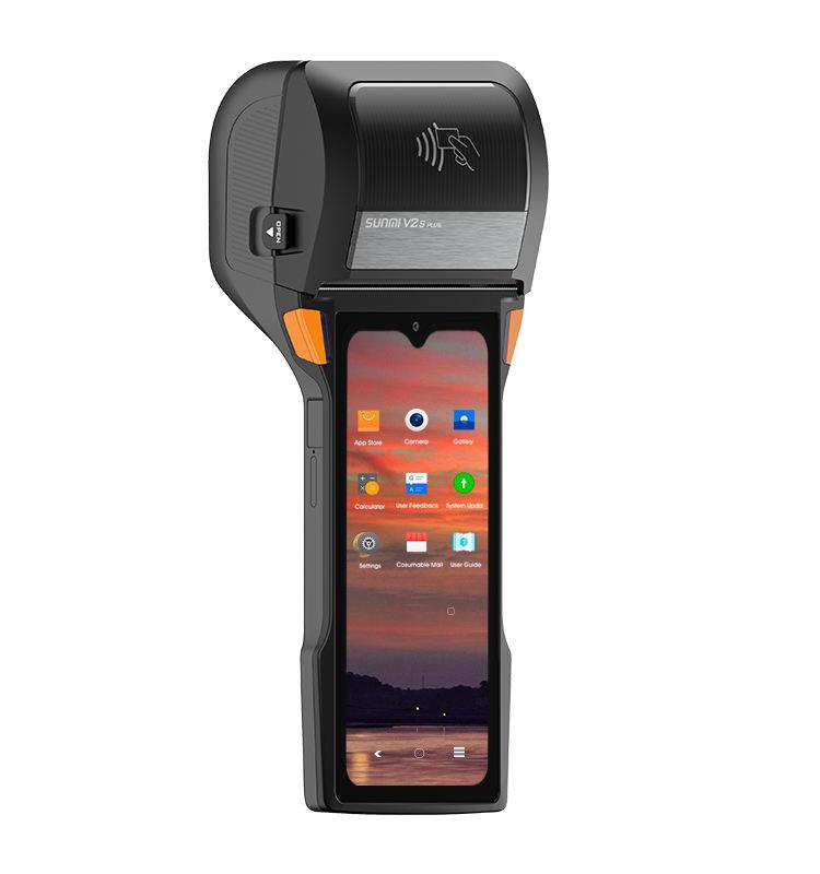 A black handheld POS terminal device with a built-in smartphone screen, orange side accents, and a wireless payment symbol on the top panel, shown against a plain white background.