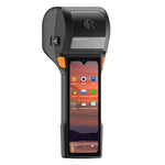 A black handheld POS terminal device with a built-in smartphone screen, orange side accents, and a wireless payment symbol on the top panel, shown against a plain white background.