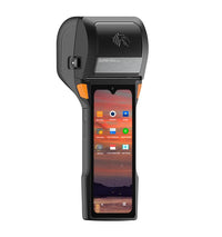 A black handheld POS terminal device with a built-in smartphone screen, orange side accents, and a wireless payment symbol on the top panel, shown against a plain white background.